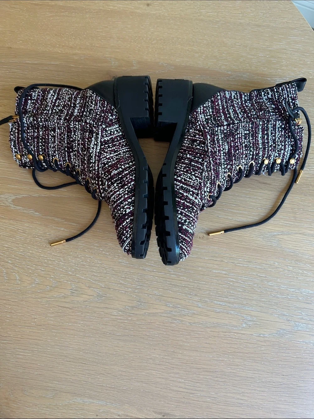 Tory Burch Miller Combat Tweed & Leather Lace Up Booties Burgundy/White 7.5 NWOT